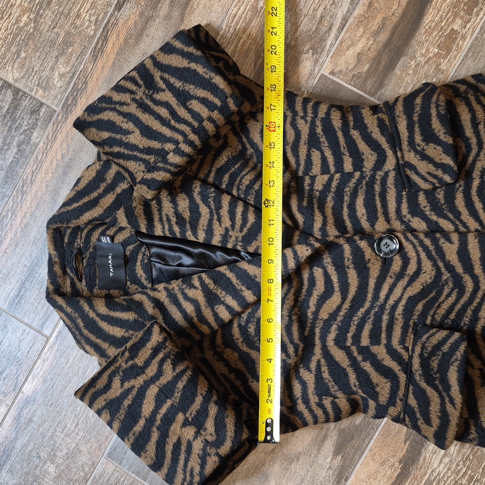 Tahari Black & Brown Wool Blend Lined 1 Button Zebra Print Midi Coat Pockets XS - Picture 4 of 9